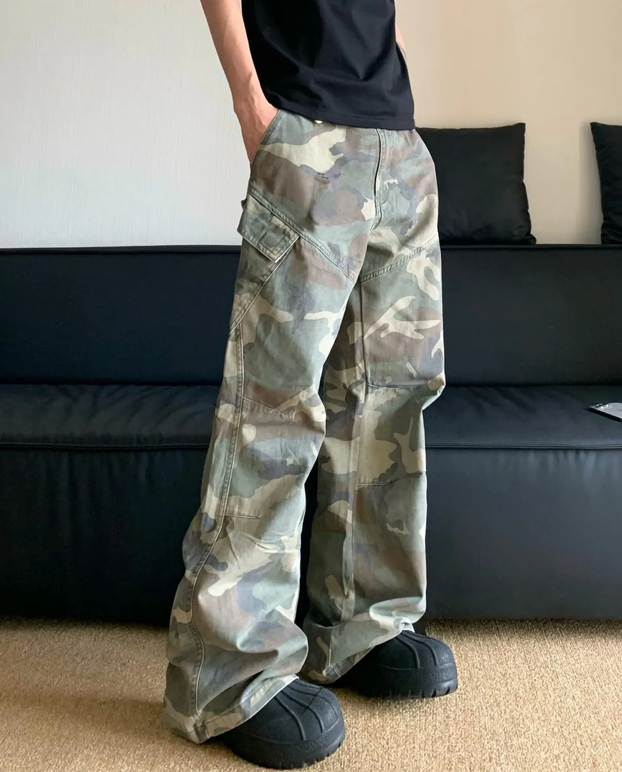 HBER Mens Camo Cargo Pants Baggy Jeans Mid Rise Wide Leg Flap Pockets Loose Fit Camouflage Y2k Streetwear Pants