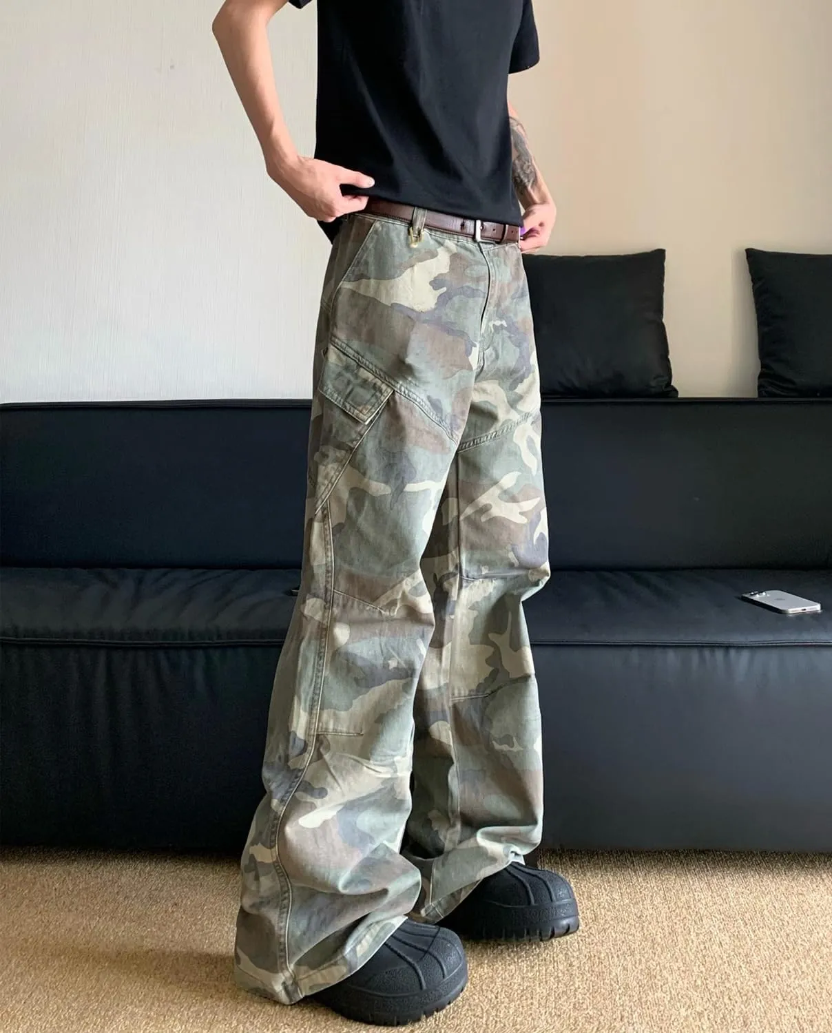 HBER Mens Camo Cargo Pants Baggy Jeans Mid Rise Wide Leg Flap Pockets Loose Fit Camouflage Y2k Streetwear Pants