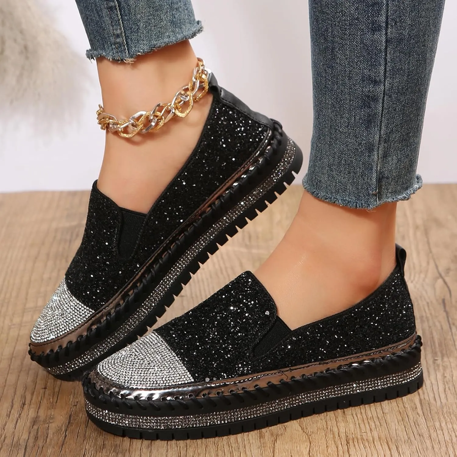 HINDOLA Women's Platform Rhinestone Glitter Sneaker Fashion Slip-On Sparkle Bling Flat Loafers Casual Walking Dress Shoes B-black