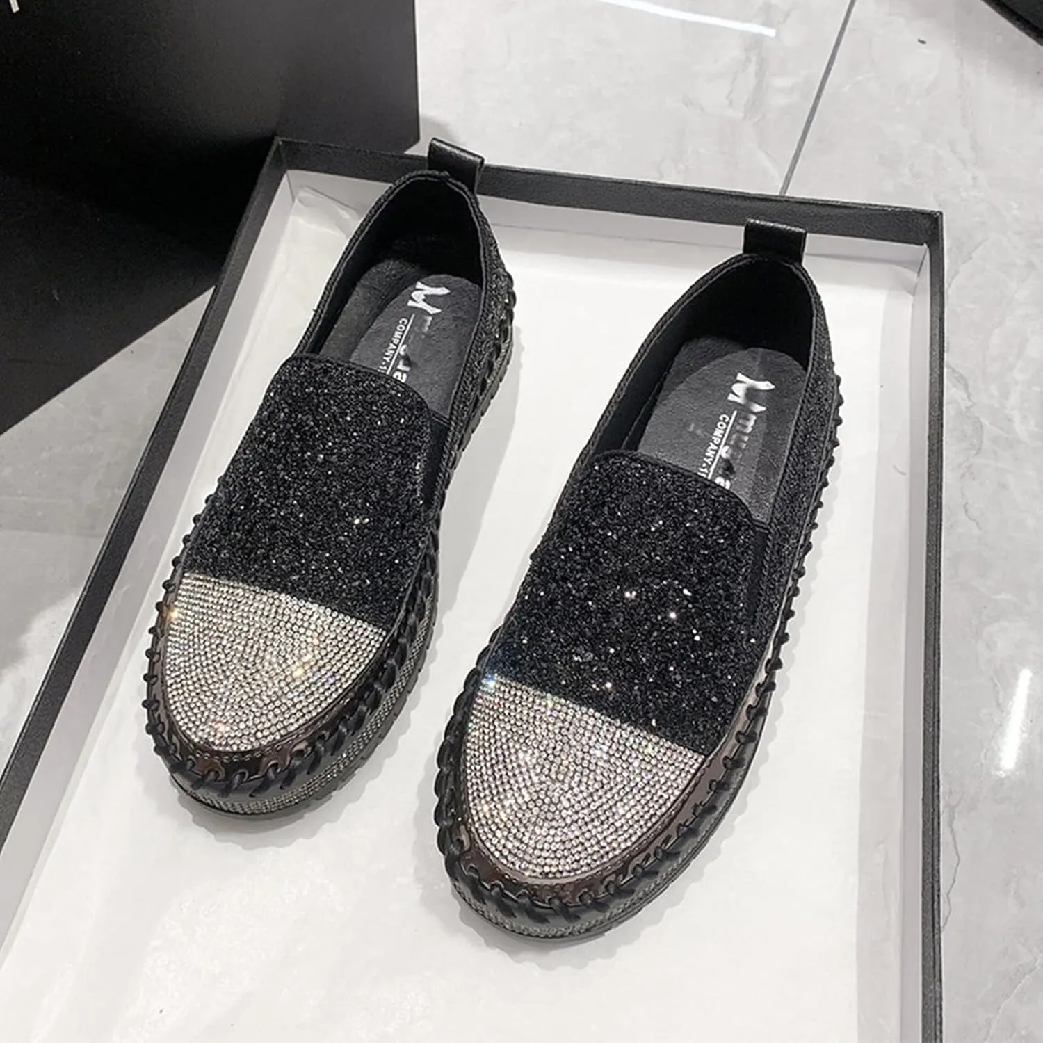 HINDOLA Women's Platform Rhinestone Glitter Sneaker Fashion Slip-On Sparkle Bling Flat Loafers Casual Walking Dress Shoes B-black