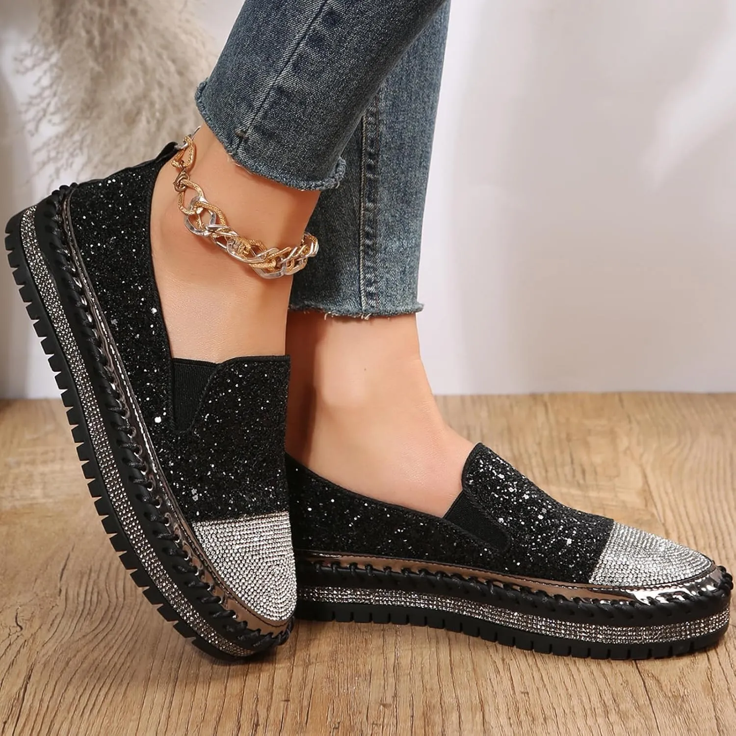 HINDOLA Women's Platform Rhinestone Glitter Sneaker Fashion Slip-On Sparkle Bling Flat Loafers Casual Walking Dress Shoes B-black
