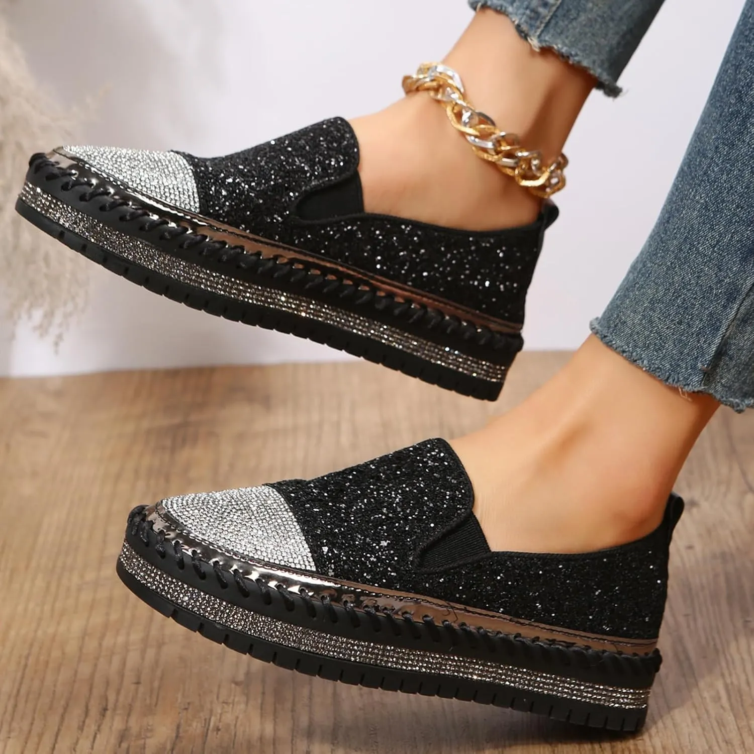 HINDOLA Women's Platform Rhinestone Glitter Sneaker Fashion Slip-On Sparkle Bling Flat Loafers Casual Walking Dress Shoes B-black