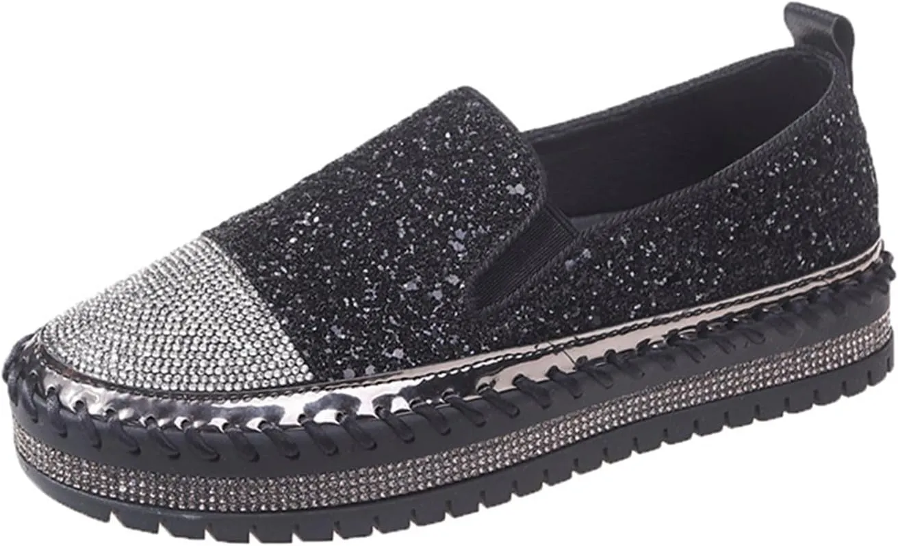 HINDOLA Women's Platform Rhinestone Glitter Sneaker Fashion Slip-On Sparkle Bling Flat Loafers Casual Walking Dress Shoes B-black