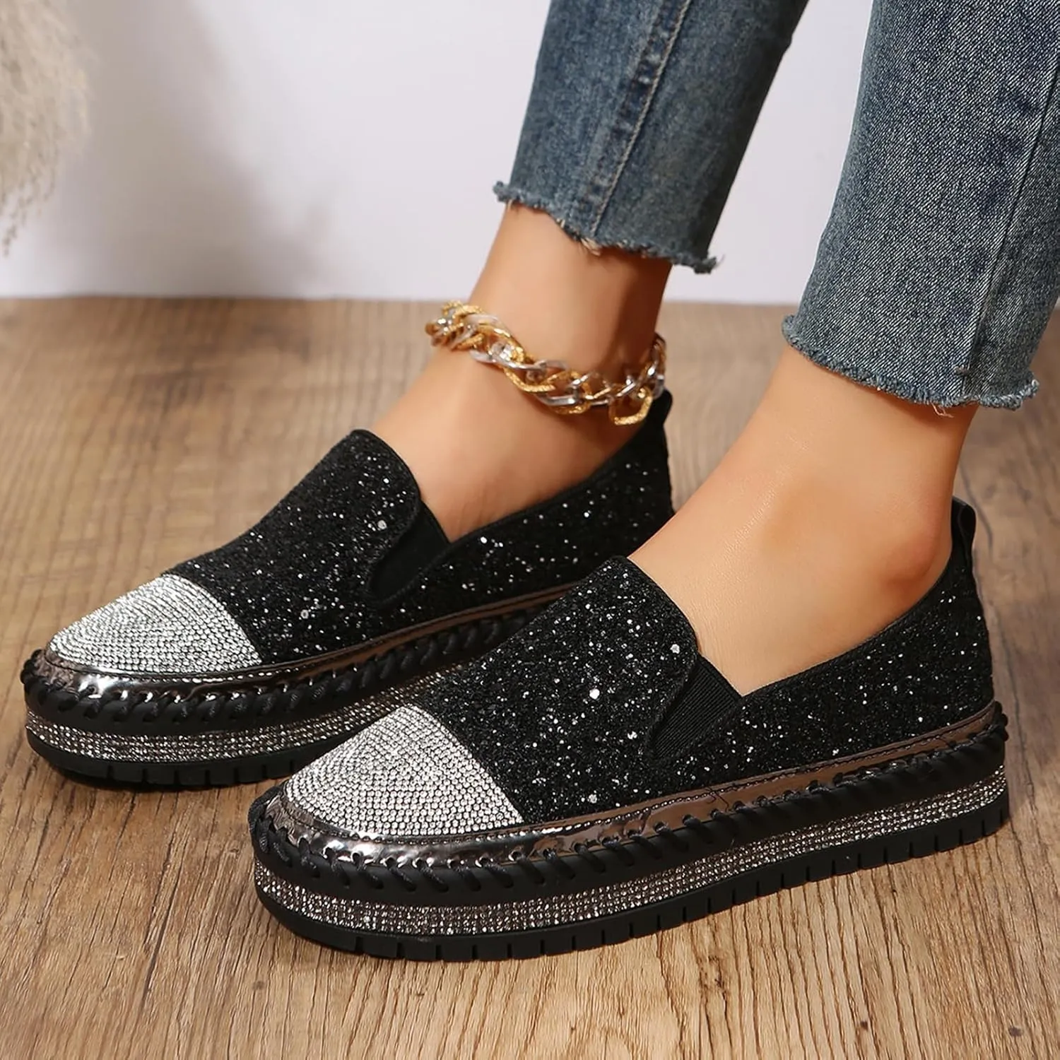 HINDOLA Women's Platform Rhinestone Glitter Sneaker Fashion Slip-On Sparkle Bling Flat Loafers Casual Walking Dress Shoes B-black
