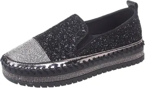 HINDOLA Women's Platform Rhinestone Glitter Sneaker Fashion Slip-On Sparkle Bling Flat Loafers Casual Walking Dress Shoes B-black