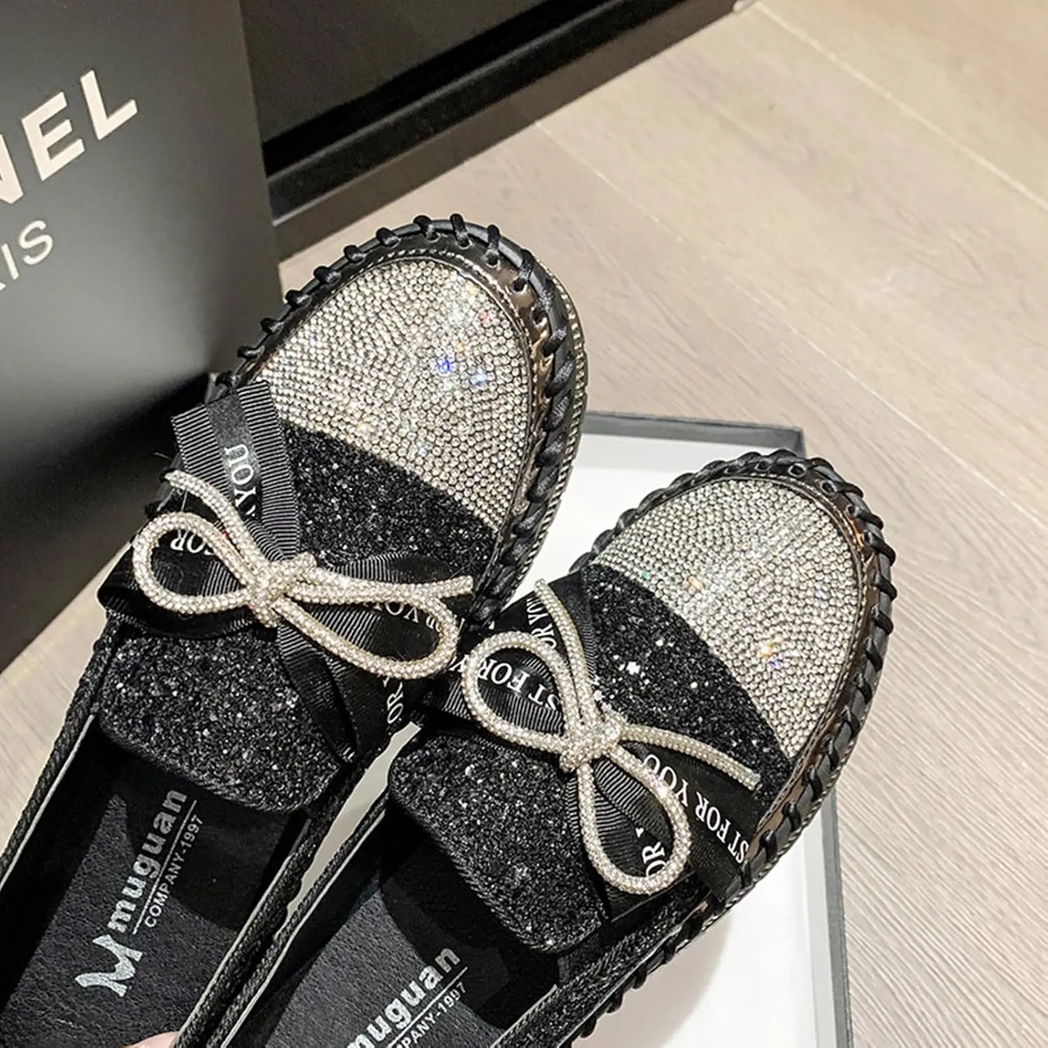 HINDOLA Women's Platform Rhinestone Sneaker Glitter Fashion Bowknot Lace up Sparkle Bling Flat Loafers Casual Non-Slip Walking Dress Shoes Black