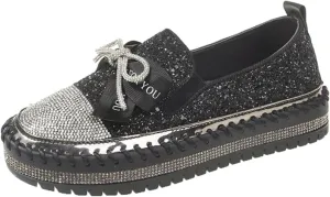 HINDOLA Women's Platform Rhinestone Sneaker Glitter Fashion Bowknot Lace up Sparkle Bling Flat Loafers Casual Non-Slip Walking Dress Shoes Black