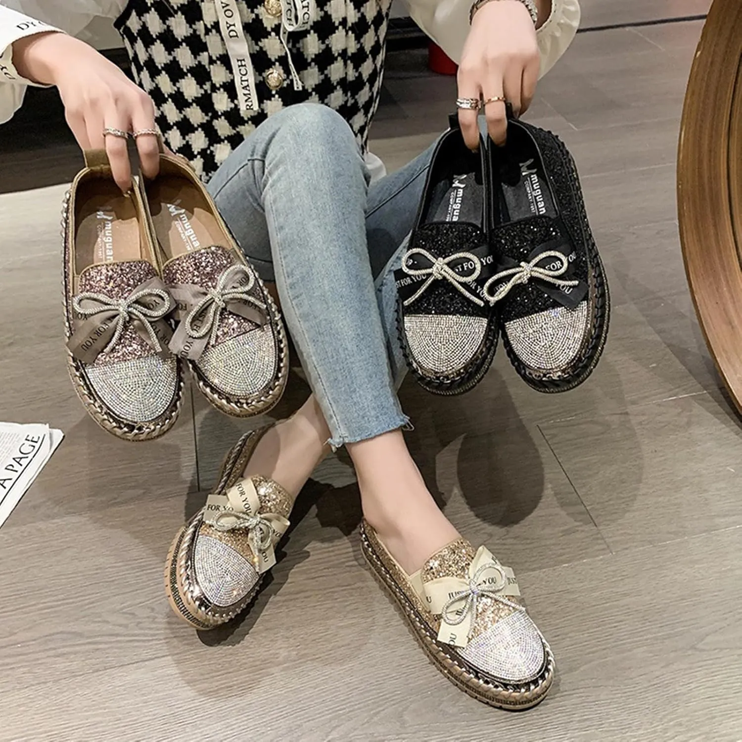 HINDOLA Women's Platform Rhinestone Sneaker Glitter Fashion Bowknot Lace up Sparkle Bling Flat Loafers Casual Non-Slip Walking Dress Shoes Black