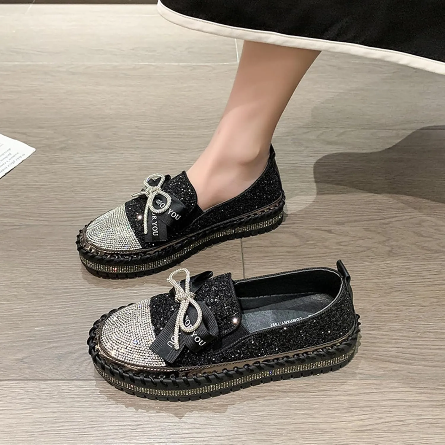 HINDOLA Women's Platform Rhinestone Sneaker Glitter Fashion Bowknot Lace up Sparkle Bling Flat Loafers Casual Non-Slip Walking Dress Shoes Black