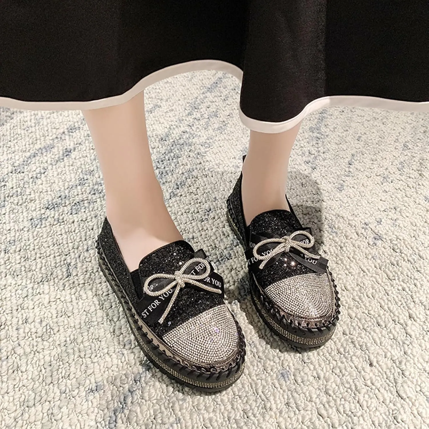 HINDOLA Women's Platform Rhinestone Sneaker Glitter Fashion Bowknot Lace up Sparkle Bling Flat Loafers Casual Non-Slip Walking Dress Shoes Black