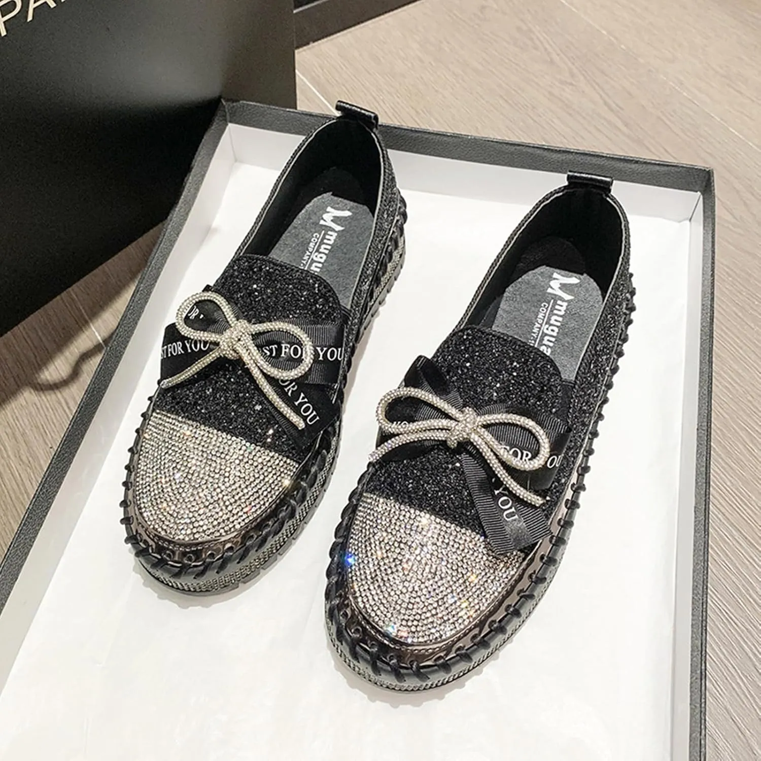 HINDOLA Women's Platform Rhinestone Sneaker Glitter Fashion Bowknot Lace up Sparkle Bling Flat Loafers Casual Non-Slip Walking Dress Shoes Black