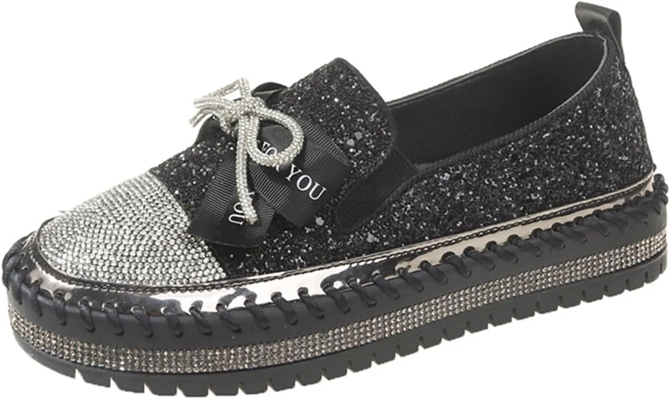 HINDOLA Women's Platform Rhinestone Sneaker Glitter Fashion Bowknot Lace up Sparkle Bling Flat Loafers Casual Non-Slip Walking Dress Shoes Black
