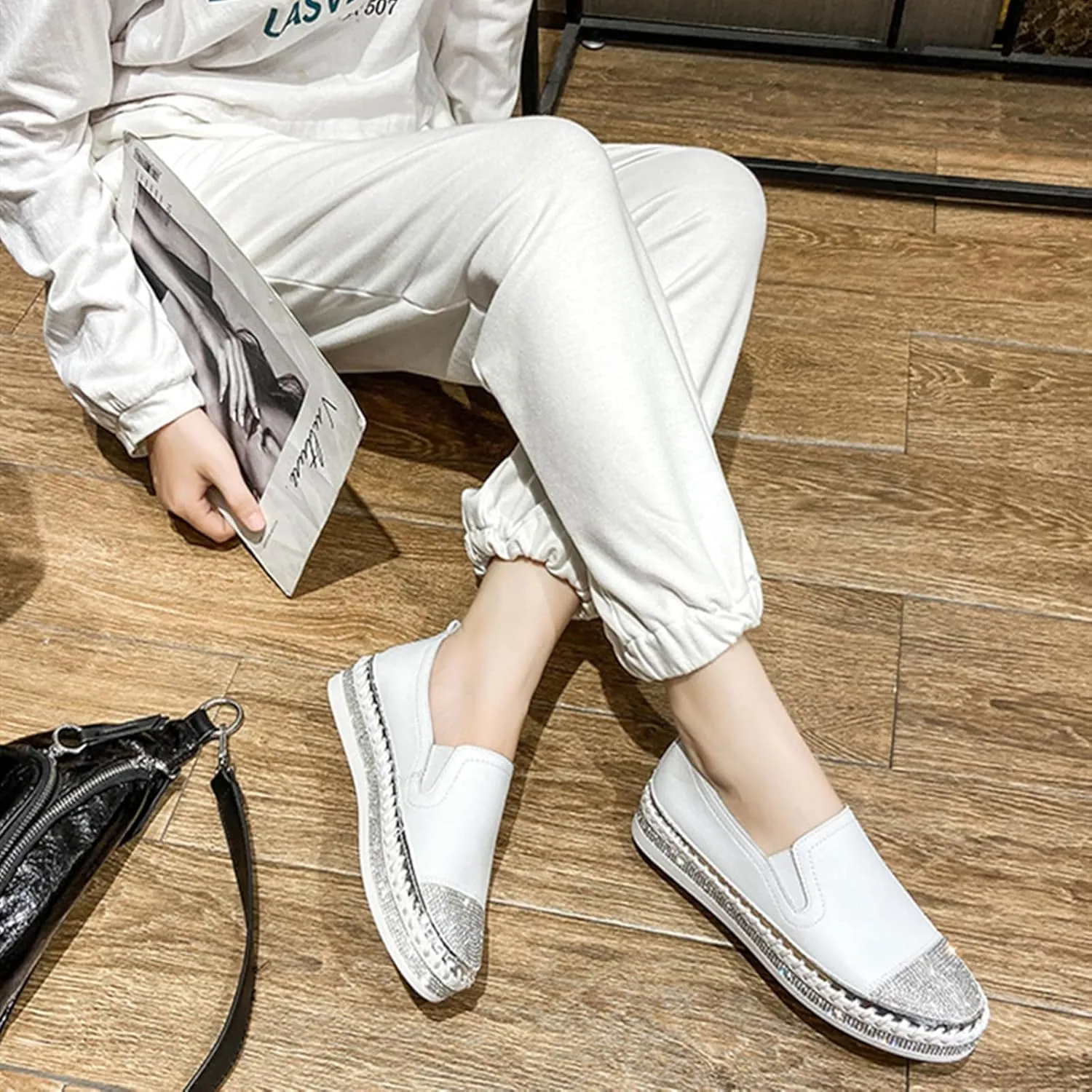 HINDOLA Women's Sparkly Fashion Sneakers Shiny Rhinestone Slip on Flatform Loafers Low Top Bling Casual Walking Shoes