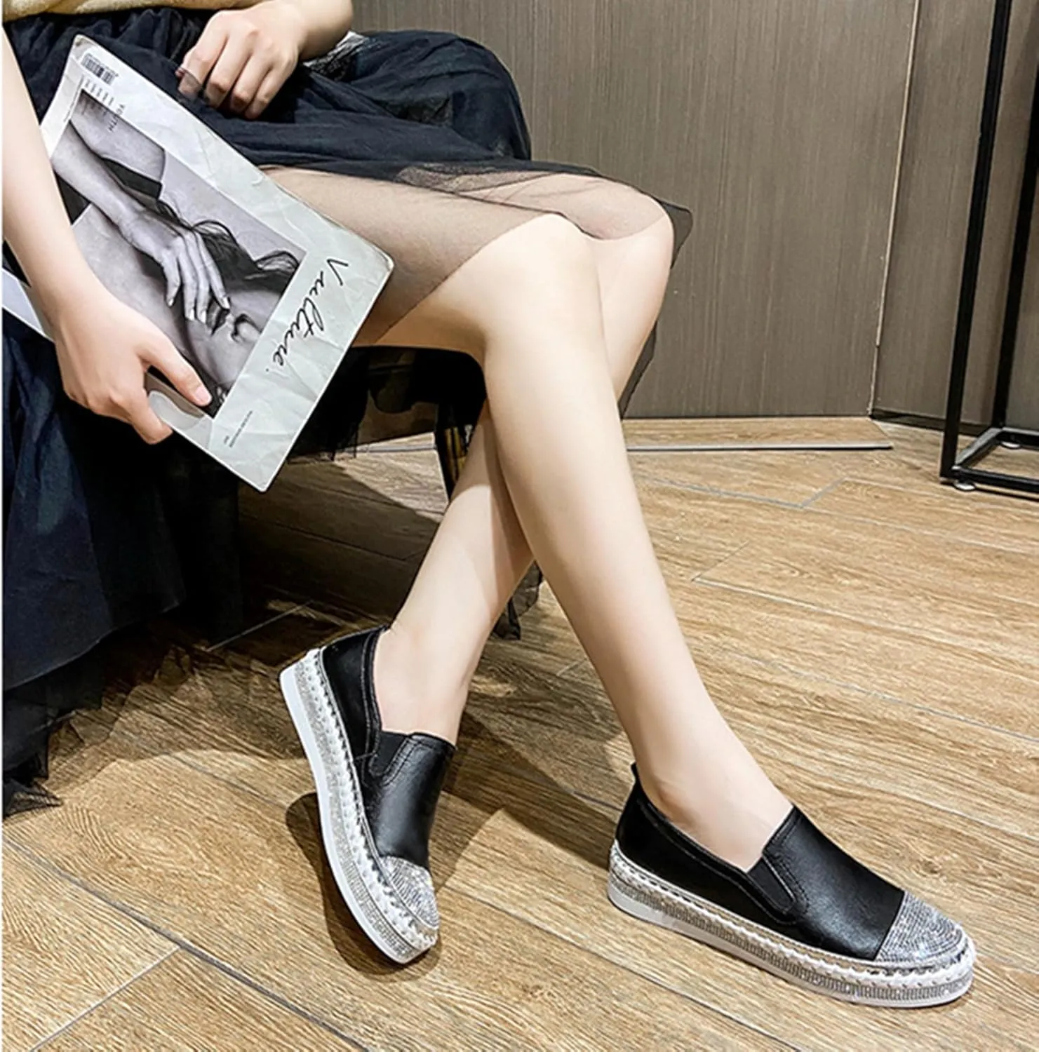 HINDOLA Women's Sparkly Fashion Sneakers Shiny Rhinestone Slip on Flatform Loafers Low Top Bling Casual Walking Shoes