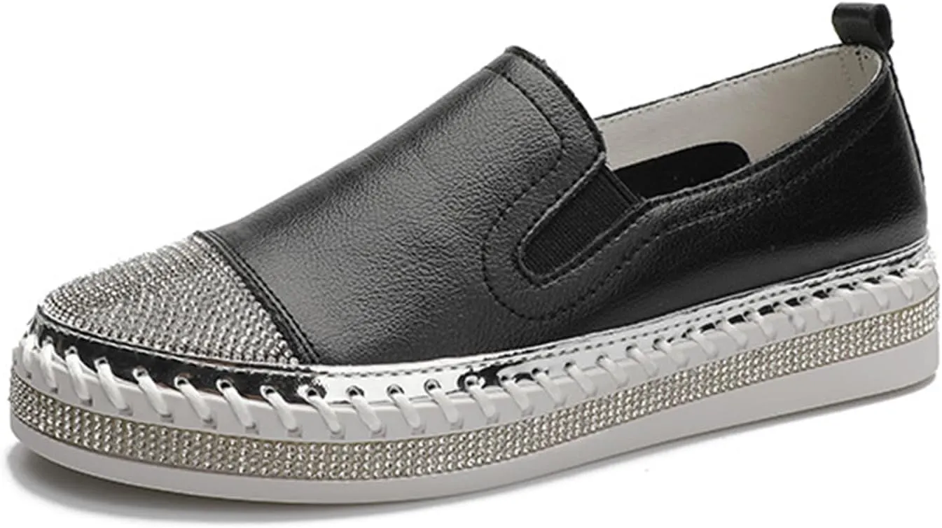 HINDOLA Women's Sparkly Fashion Sneakers Shiny Rhinestone Slip on Flatform Loafers Low Top Bling Casual Walking Shoes
