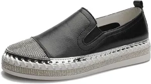 HINDOLA Women's Sparkly Fashion Sneakers Shiny Rhinestone Slip on Flatform Loafers Low Top Bling Casual Walking Shoes
