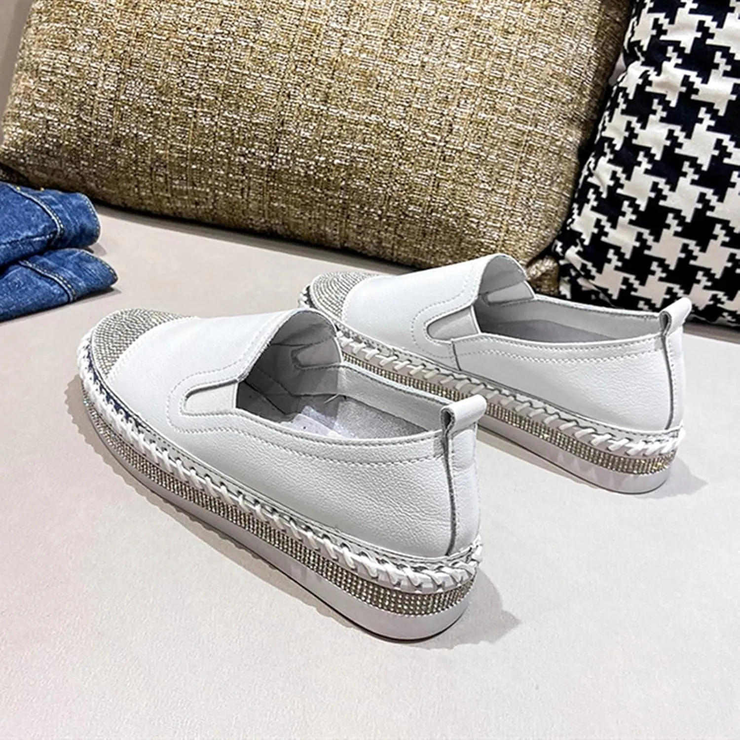 HINDOLA Women's Sparkly Fashion Sneakers Shiny Rhinestone Slip on Flatform Loafers Low Top Bling Casual Walking Shoes