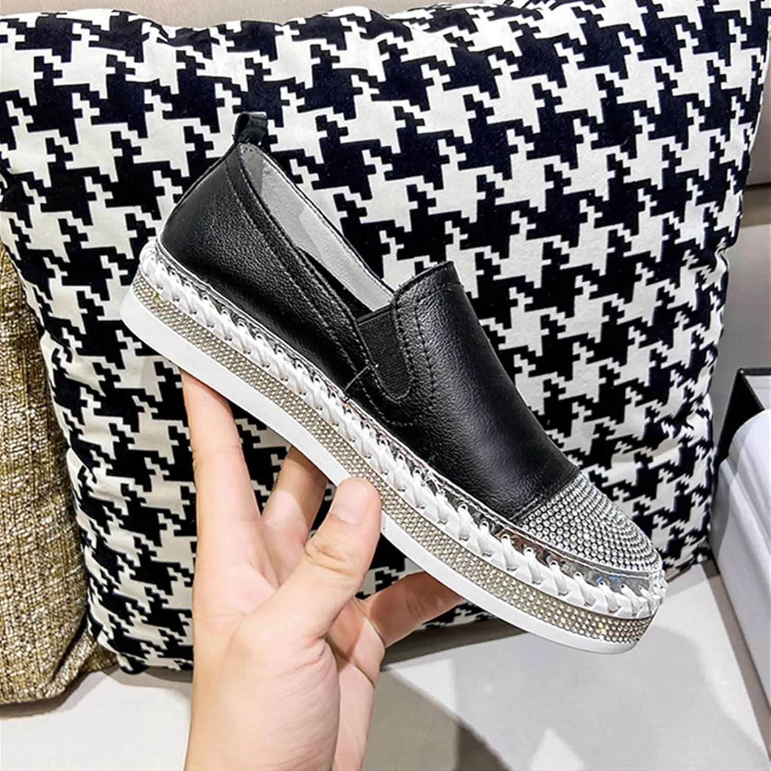HINDOLA Women's Sparkly Fashion Sneakers Shiny Rhinestone Slip on Flatform Loafers Low Top Bling Casual Walking Shoes