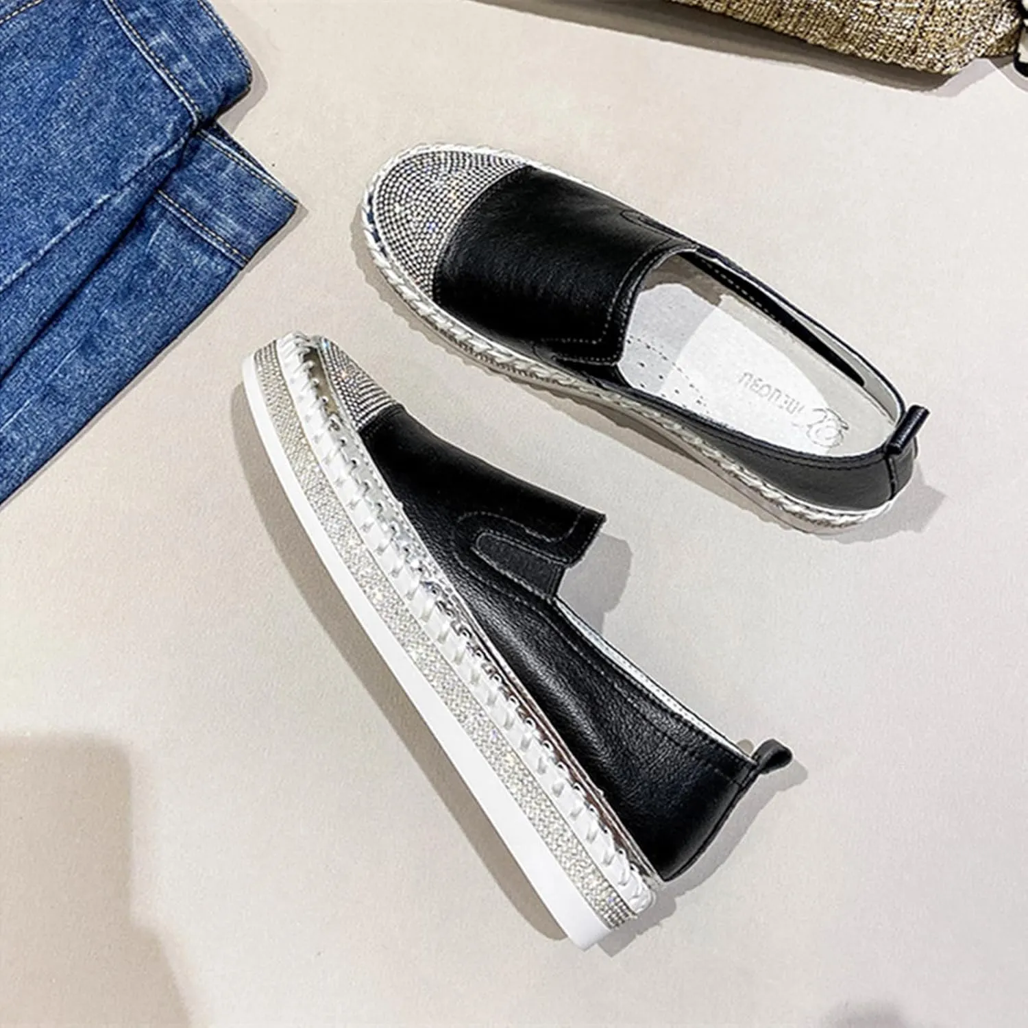 HINDOLA Women's Sparkly Fashion Sneakers Shiny Rhinestone Slip on Flatform Loafers Low Top Bling Casual Walking Shoes