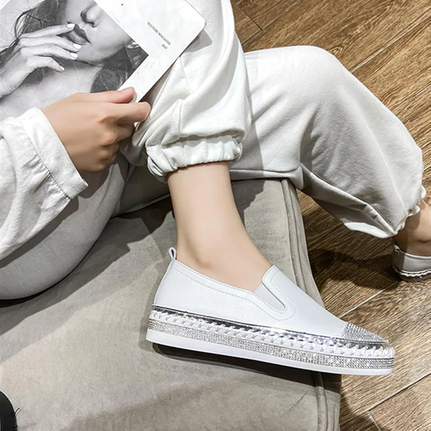 HINDOLA Women's Sparkly Fashion Sneakers Shiny Rhinestone Slip on Flatform Loafers Low Top Bling Casual Walking Shoes