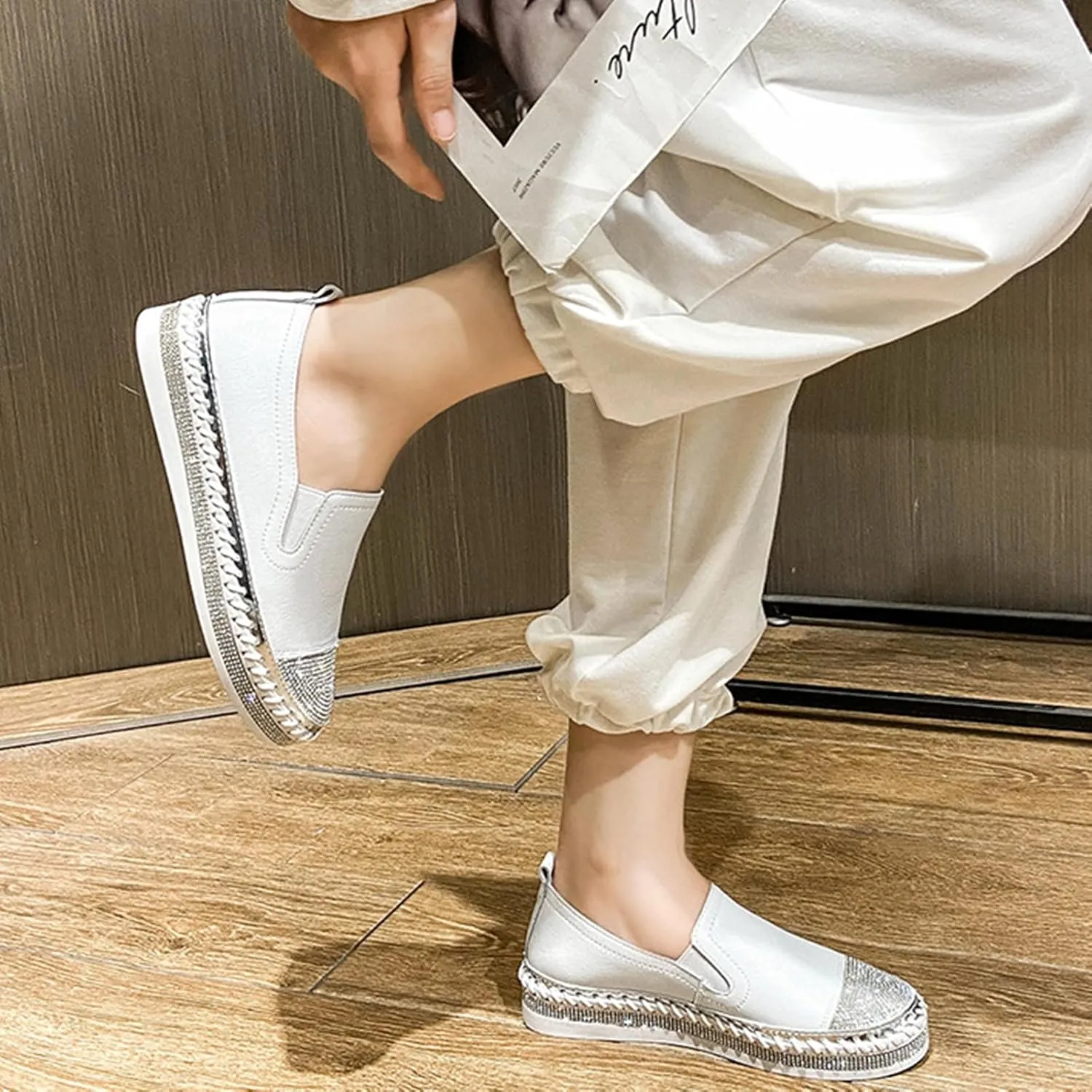 HINDOLA Women's Sparkly Fashion Sneakers Shiny Rhinestone Slip on Flatform Loafers Low Top Bling Casual Walking Shoes