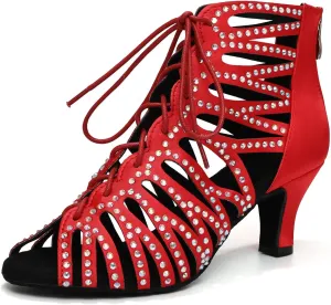 HIPPOSEUS Women's Rhinestone Latin Dance Boots Lace up Ballroom Salsa Dance Heels Ankle Dancing Booties