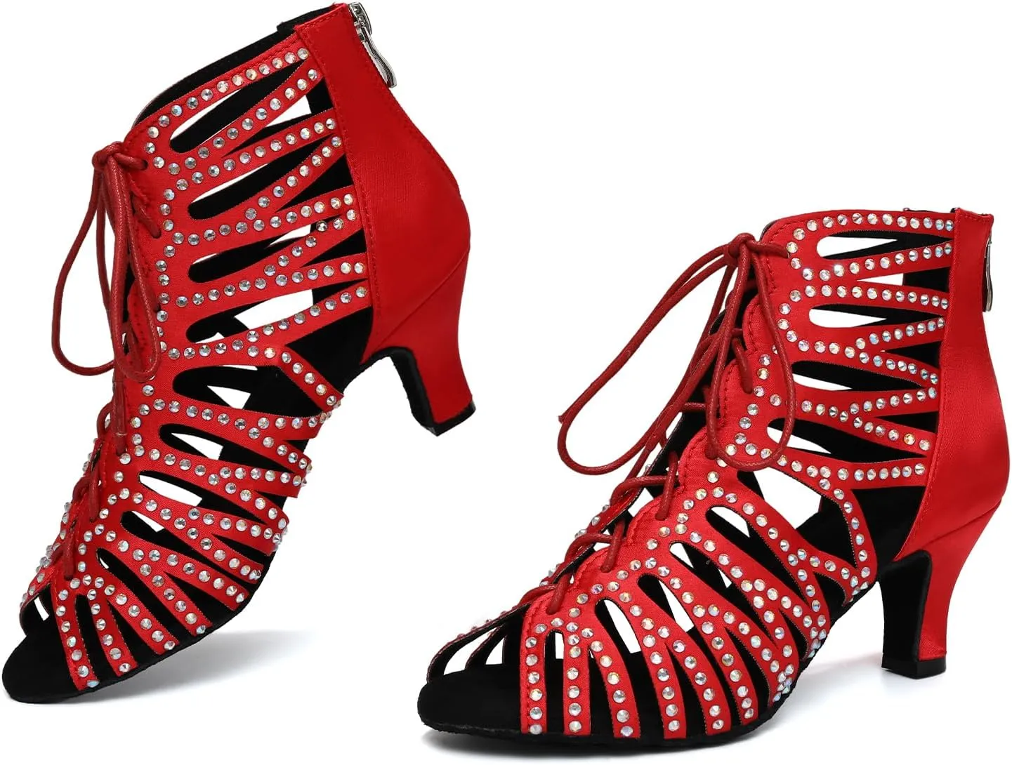 HIPPOSEUS Women's Rhinestone Latin Dance Boots Lace up Ballroom Salsa Dance Heels Ankle Dancing Booties