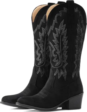 IUV Suede Cowboy Boots for women- Western Pointed Toe, Mid Calf Pull-On Boots