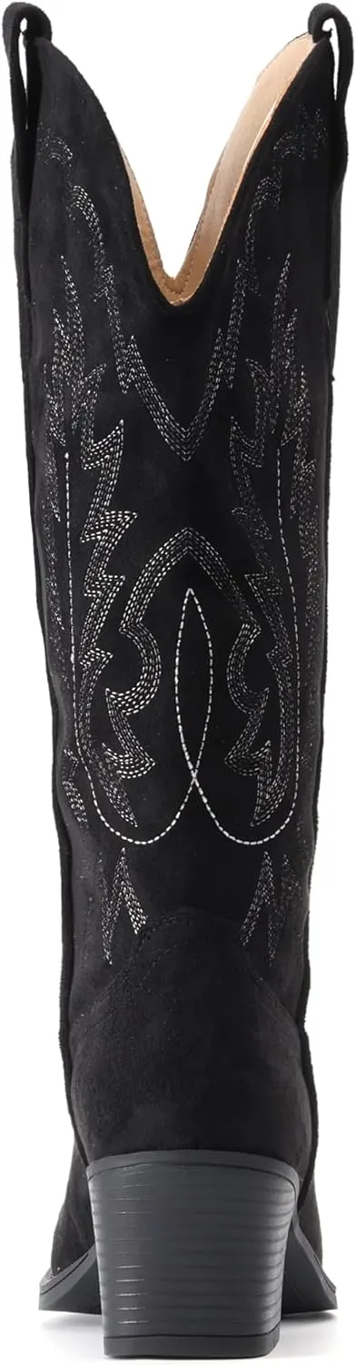IUV Suede Cowboy Boots for women- Western Pointed Toe, Mid Calf Pull-On Boots