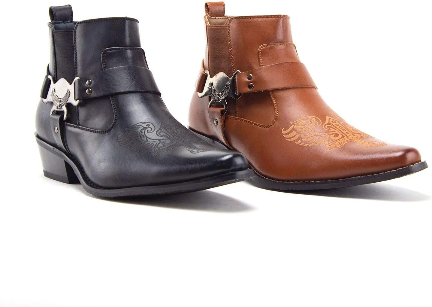 Jazame Cowboy Boots for Men Western Style Ankle High Motorcycle Riding Pointy Toe Moto Dress Boots men's western boots Buckle Design Botas