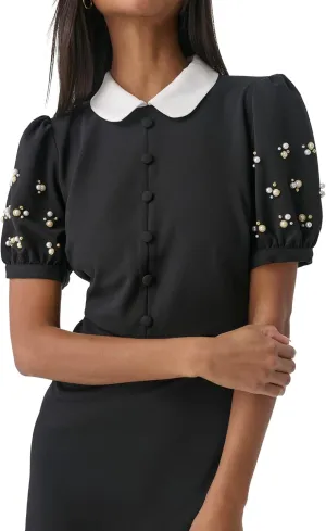 Karl Lagerfeld Paris womens Embellished Puff Sleeve Sheath Jumpsuit
