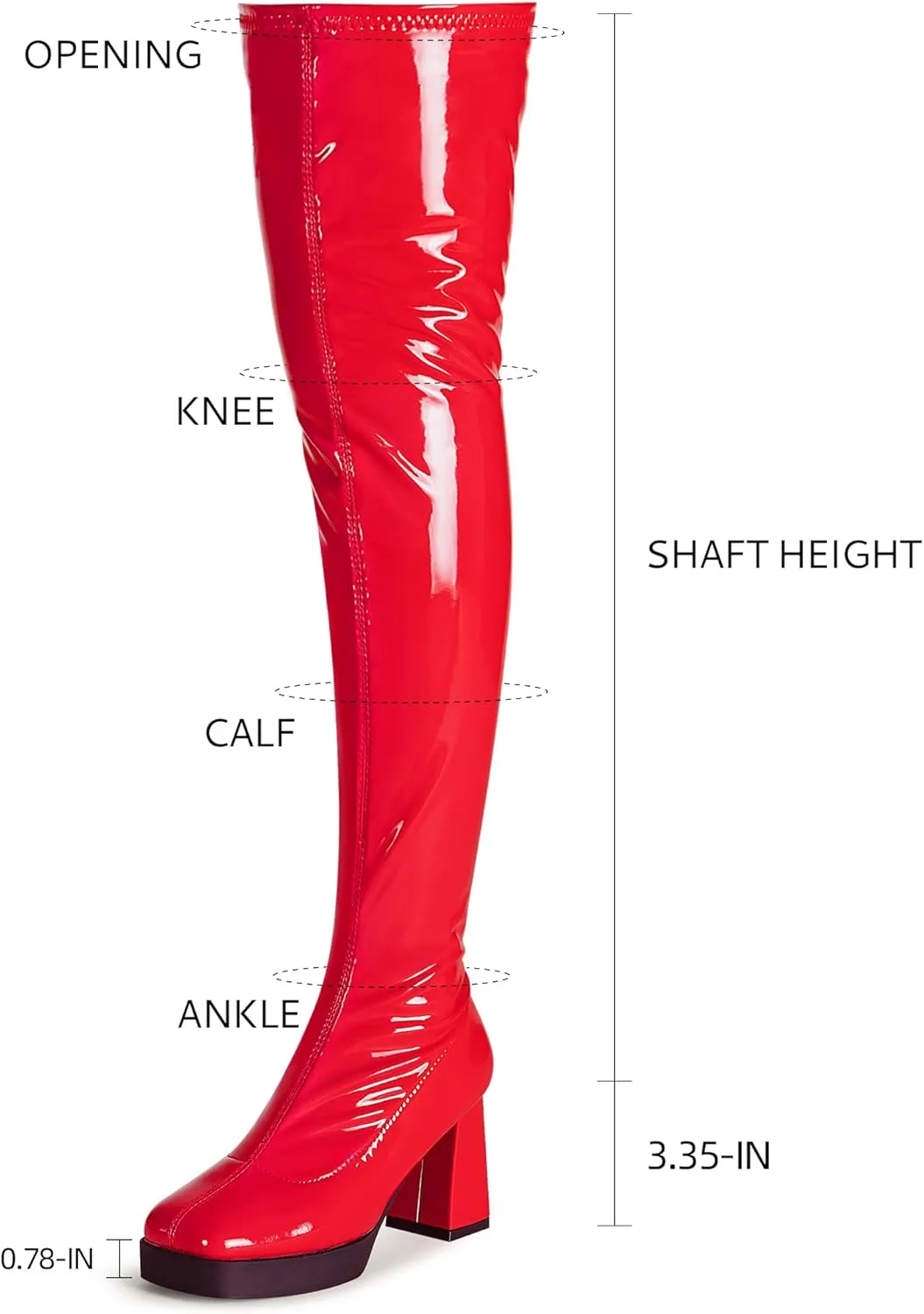KHPAERMEI Platform Thigh High Boots Women GoGo Boots Square Toe Chunky Heels Patent Leather PU Over The Knee High Stretch Boots