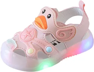 Kid Baby Girls Boys Child Light On LED Baby Shoes Sandals Soft Sole Anti Slip Cartoon Duck Shoes (Pink, 22 Toddler)