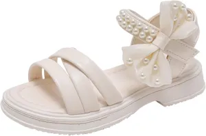 Kids Girls Open Toe Thick Soled Pearl Sandals Bowknot Beach Casual Soft Anti Slip High Top Princess Dress Shoes