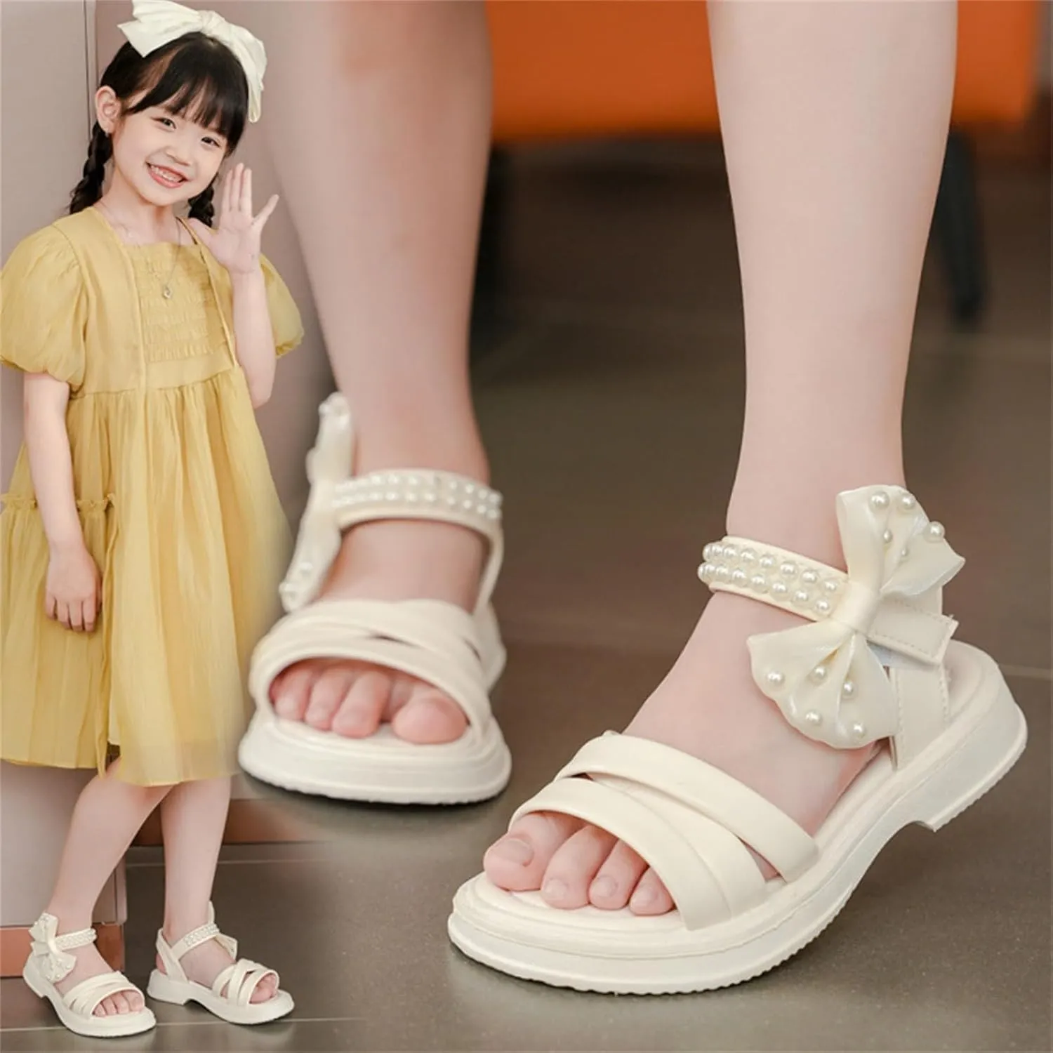 Kids Girls Open Toe Thick Soled Pearl Sandals Bowknot Beach Casual Soft Anti Slip High Top Princess Dress Shoes