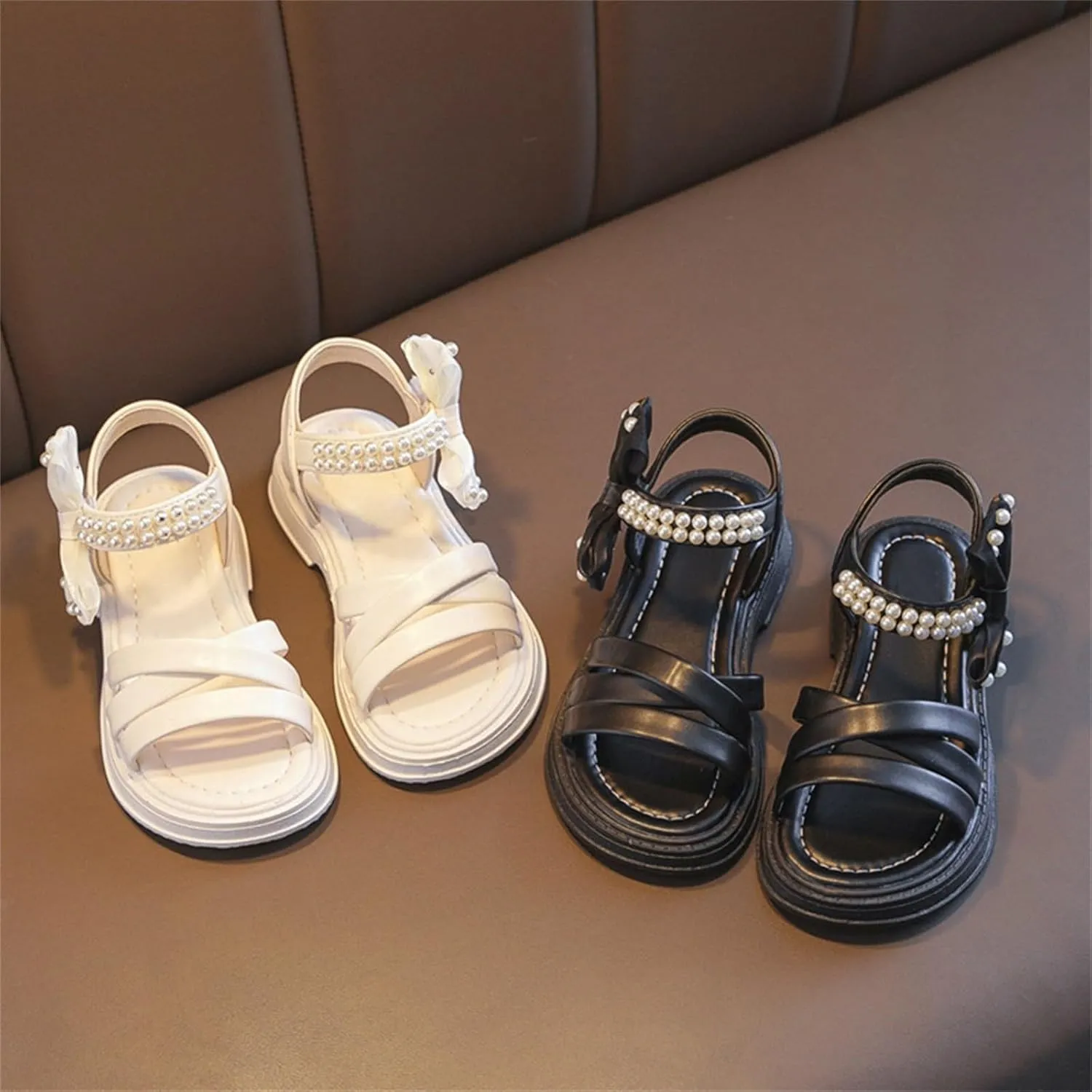 Kids Girls Open Toe Thick Soled Pearl Sandals Bowknot Beach Casual Soft Anti Slip High Top Princess Dress Shoes