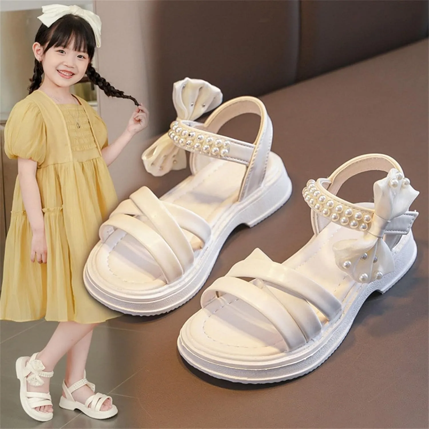 Kids Girls Open Toe Thick Soled Pearl Sandals Bowknot Beach Casual Soft Anti Slip High Top Princess Dress Shoes