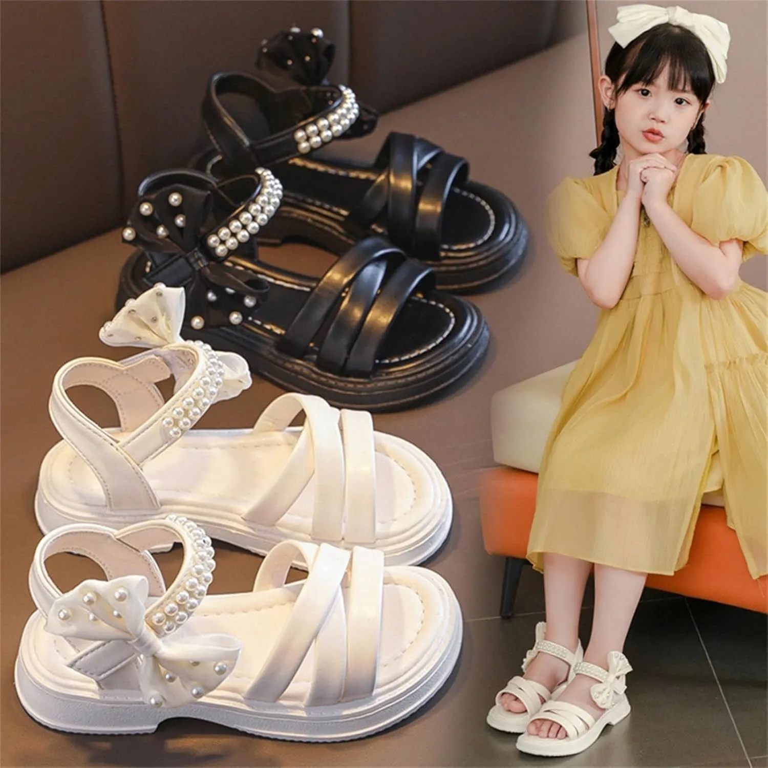 Kids Girls Open Toe Thick Soled Pearl Sandals Bowknot Beach Casual Soft Anti Slip High Top Princess Dress Shoes