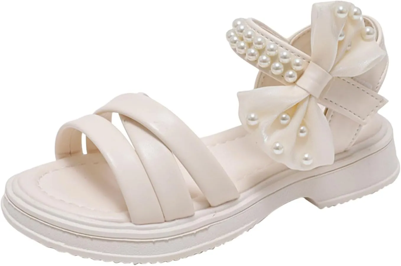 Kids Girls Open Toe Thick Soled Pearl Sandals Bowknot Beach Casual Soft Anti Slip High Top Princess Dress Shoes