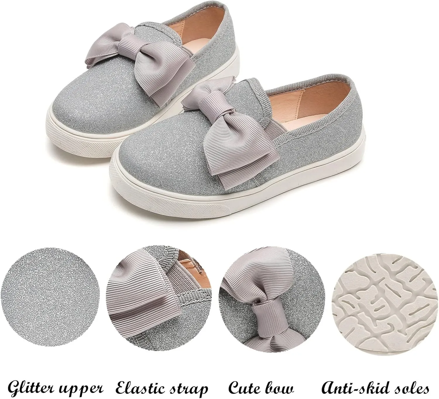 kkdom Girls Slip On Glitter Sneakers Cute Bow Lazy Tennis Shoes Loafers for Little Girls(Toddler/Little Kid/Big Kid)