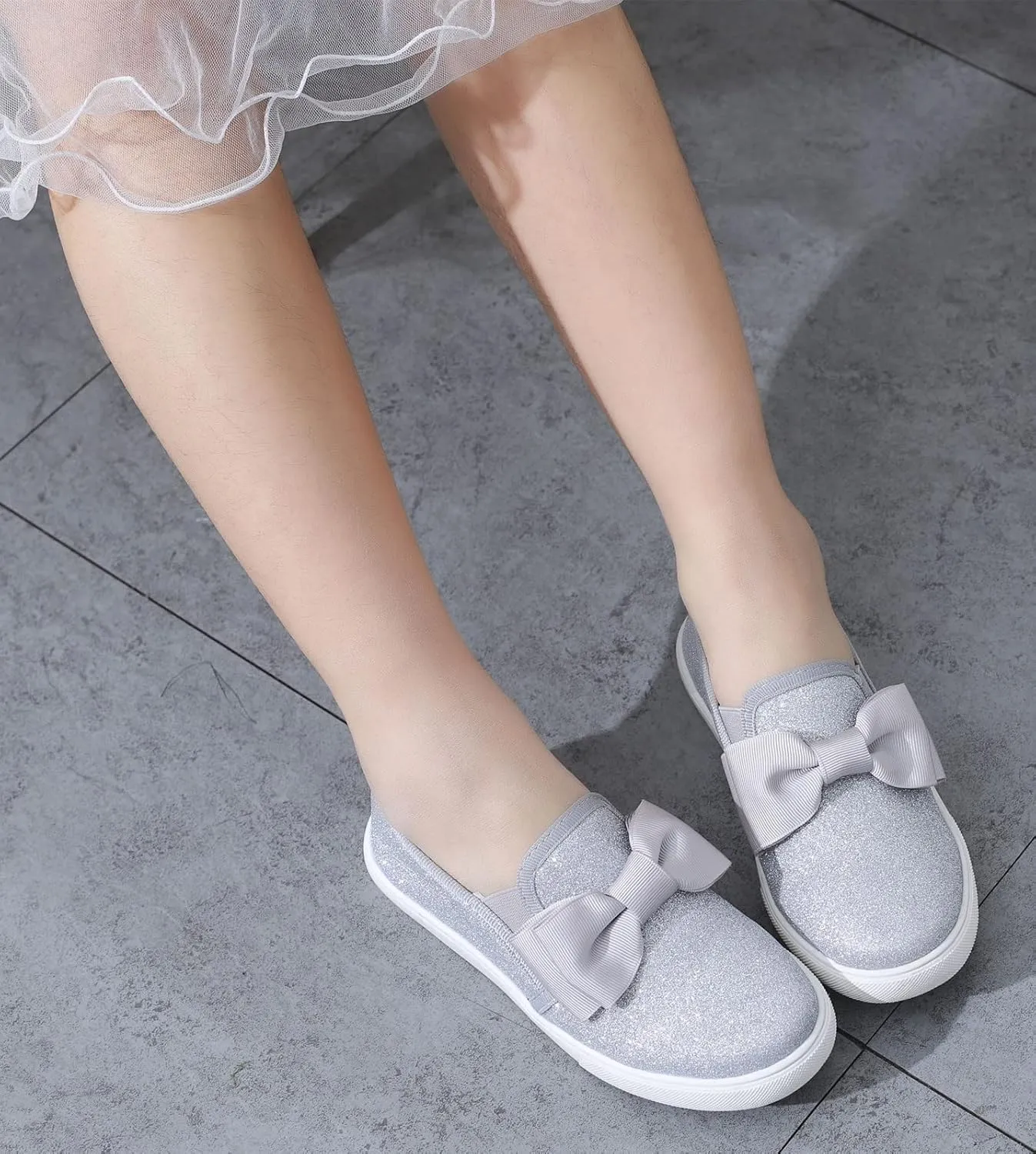 kkdom Girls Slip On Glitter Sneakers Cute Bow Lazy Tennis Shoes Loafers for Little Girls(Toddler/Little Kid/Big Kid)