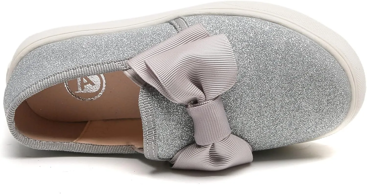 kkdom Girls Slip On Glitter Sneakers Cute Bow Lazy Tennis Shoes Loafers for Little Girls(Toddler/Little Kid/Big Kid)