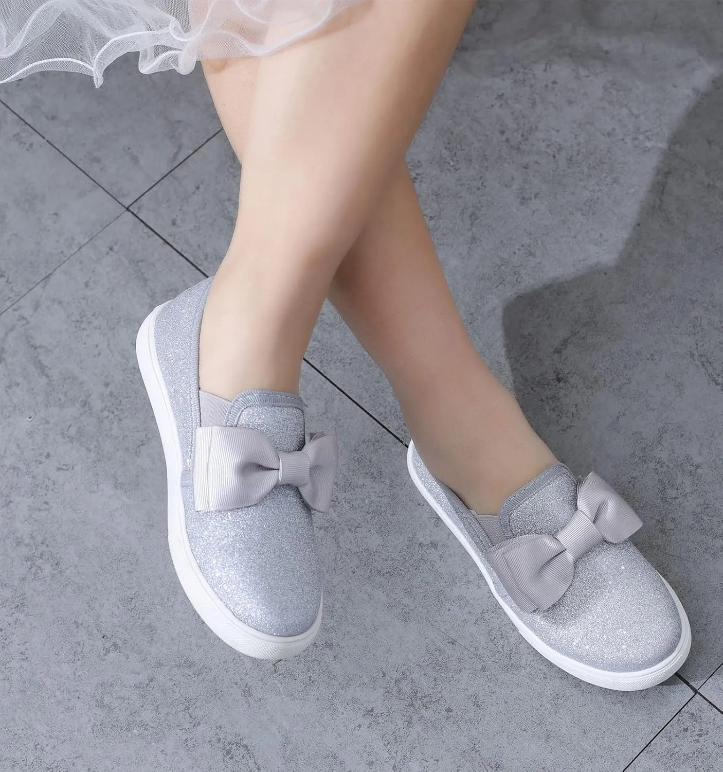 kkdom Girls Slip On Glitter Sneakers Cute Bow Lazy Tennis Shoes Loafers for Little Girls(Toddler/Little Kid/Big Kid)