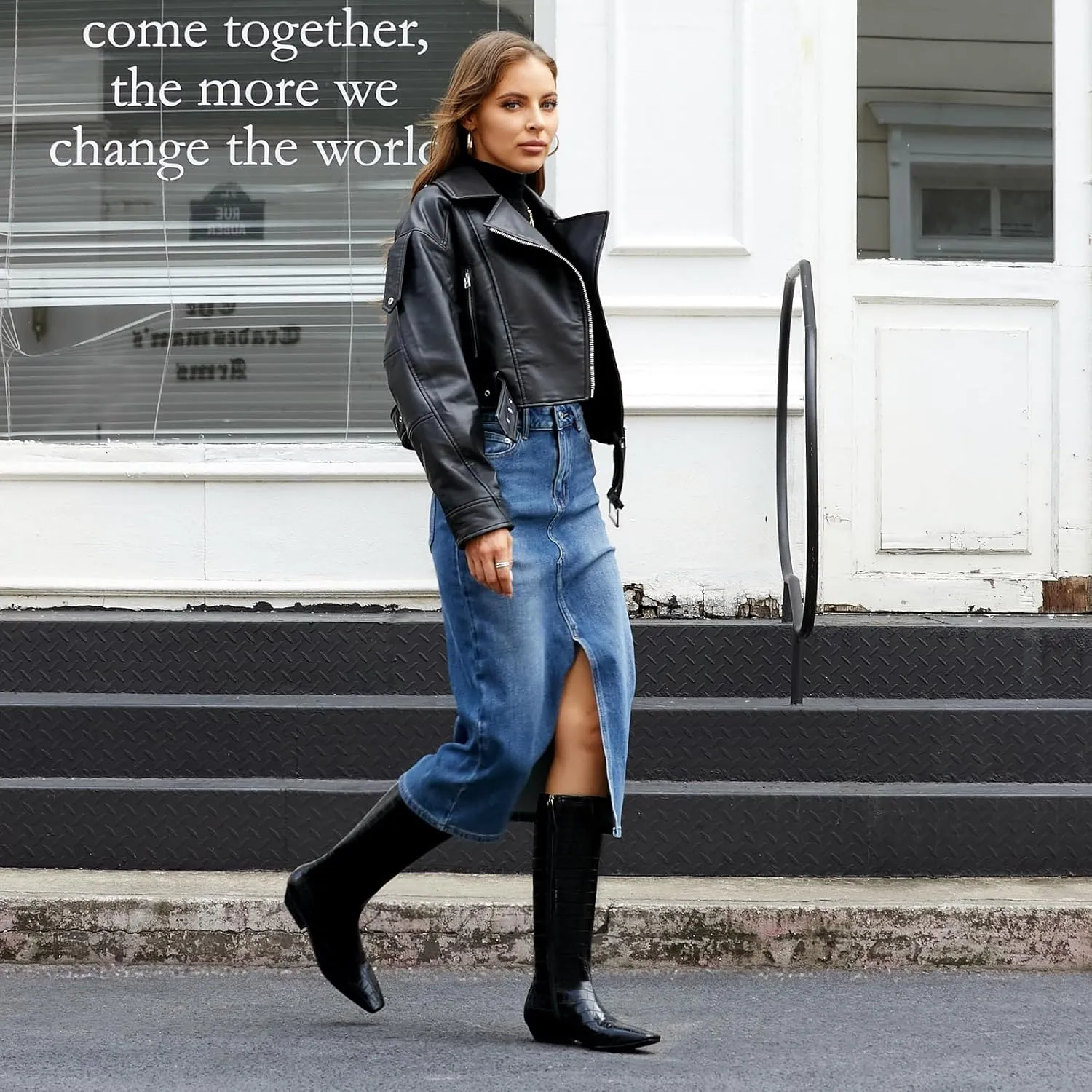 Knee High Boots for Women Kitten Low Block Heel Wide Calf Square Toe Crocodile Boots Flat Tall Boots with Side Zipper Riding Gogo Boots