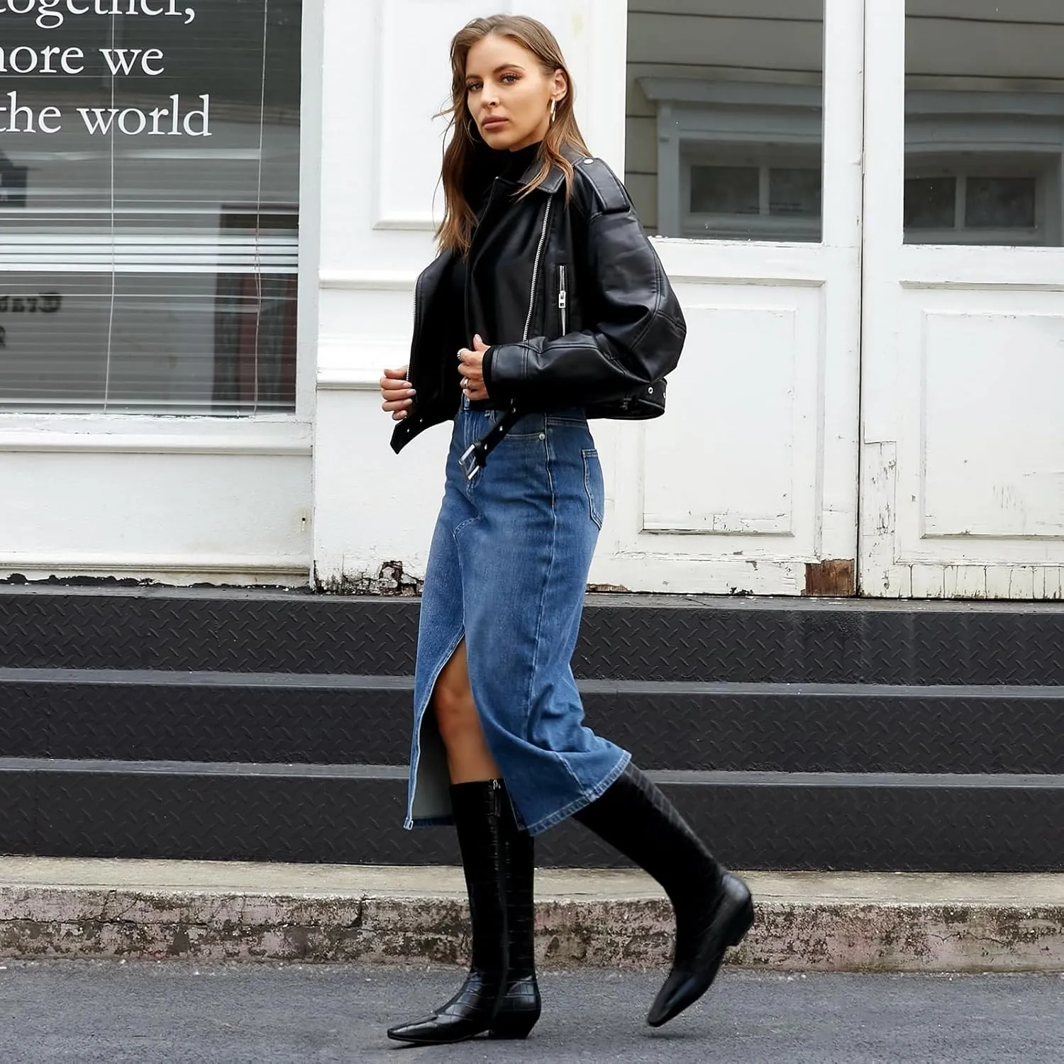 Knee High Boots for Women Kitten Low Block Heel Wide Calf Square Toe Crocodile Boots Flat Tall Boots with Side Zipper Riding Gogo Boots
