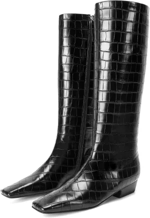 Knee High Boots for Women Kitten Low Block Heel Wide Calf Square Toe Crocodile Boots Flat Tall Boots with Side Zipper Riding Gogo Boots