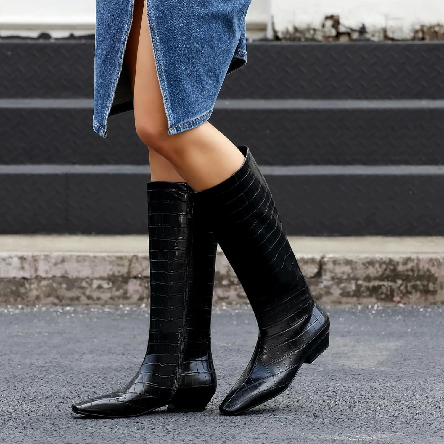 Knee High Boots for Women Kitten Low Block Heel Wide Calf Square Toe Crocodile Boots Flat Tall Boots with Side Zipper Riding Gogo Boots