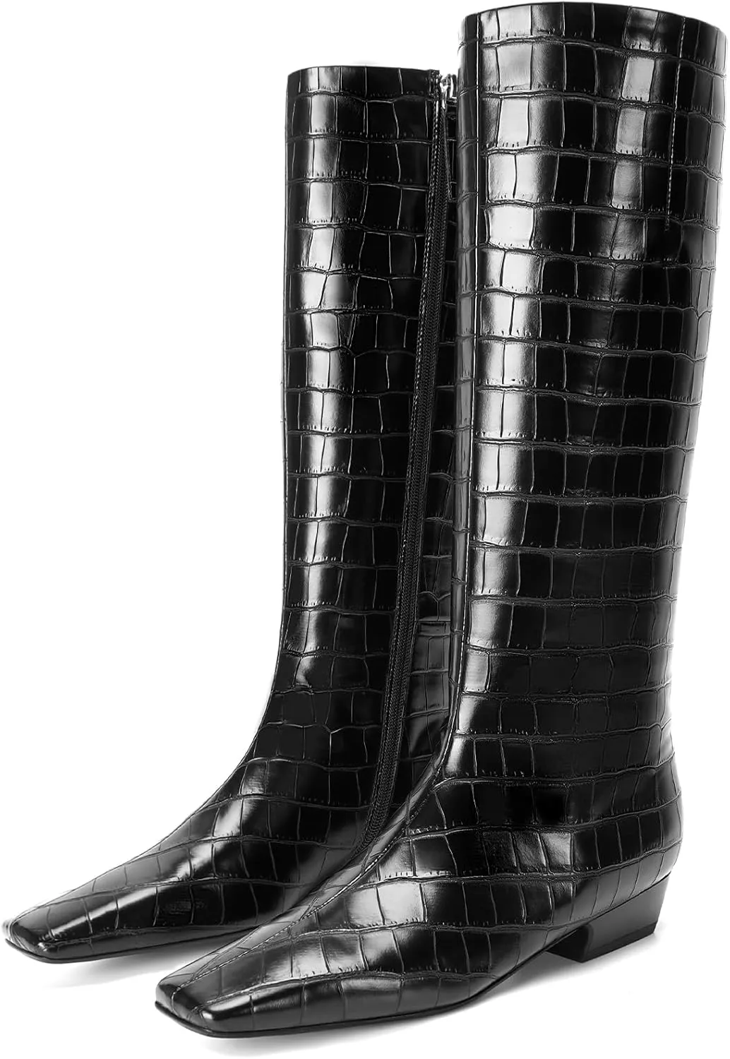 Knee High Boots for Women Kitten Low Block Heel Wide Calf Square Toe Crocodile Boots Flat Tall Boots with Side Zipper Riding Gogo Boots