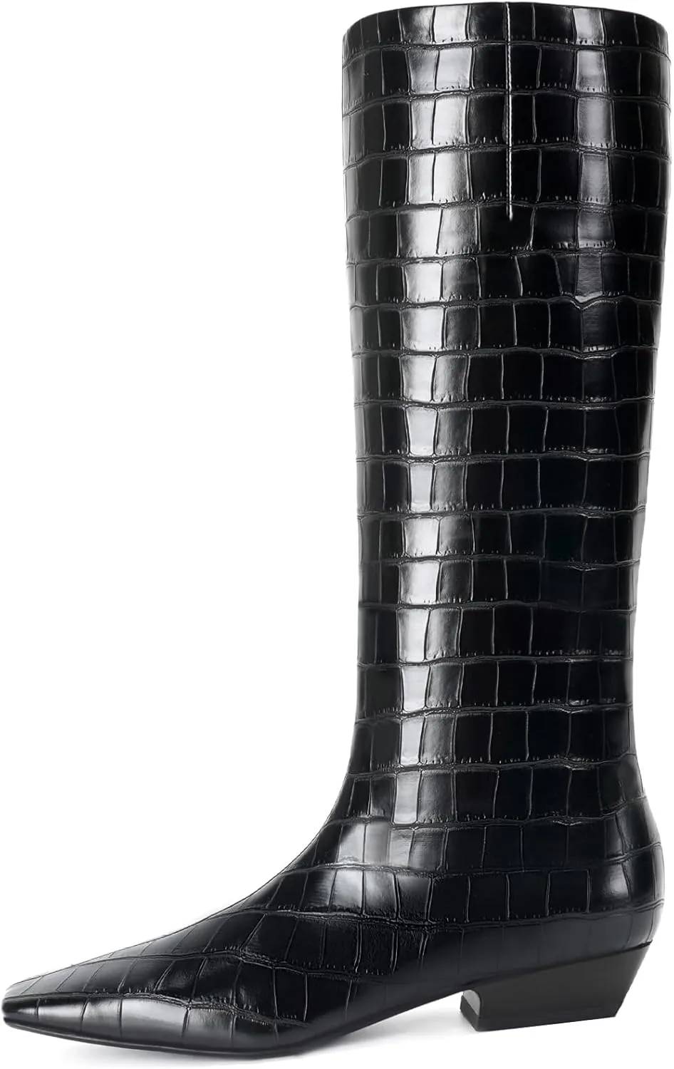 Knee High Boots for Women Kitten Low Block Heel Wide Calf Square Toe Crocodile Boots Flat Tall Boots with Side Zipper Riding Gogo Boots