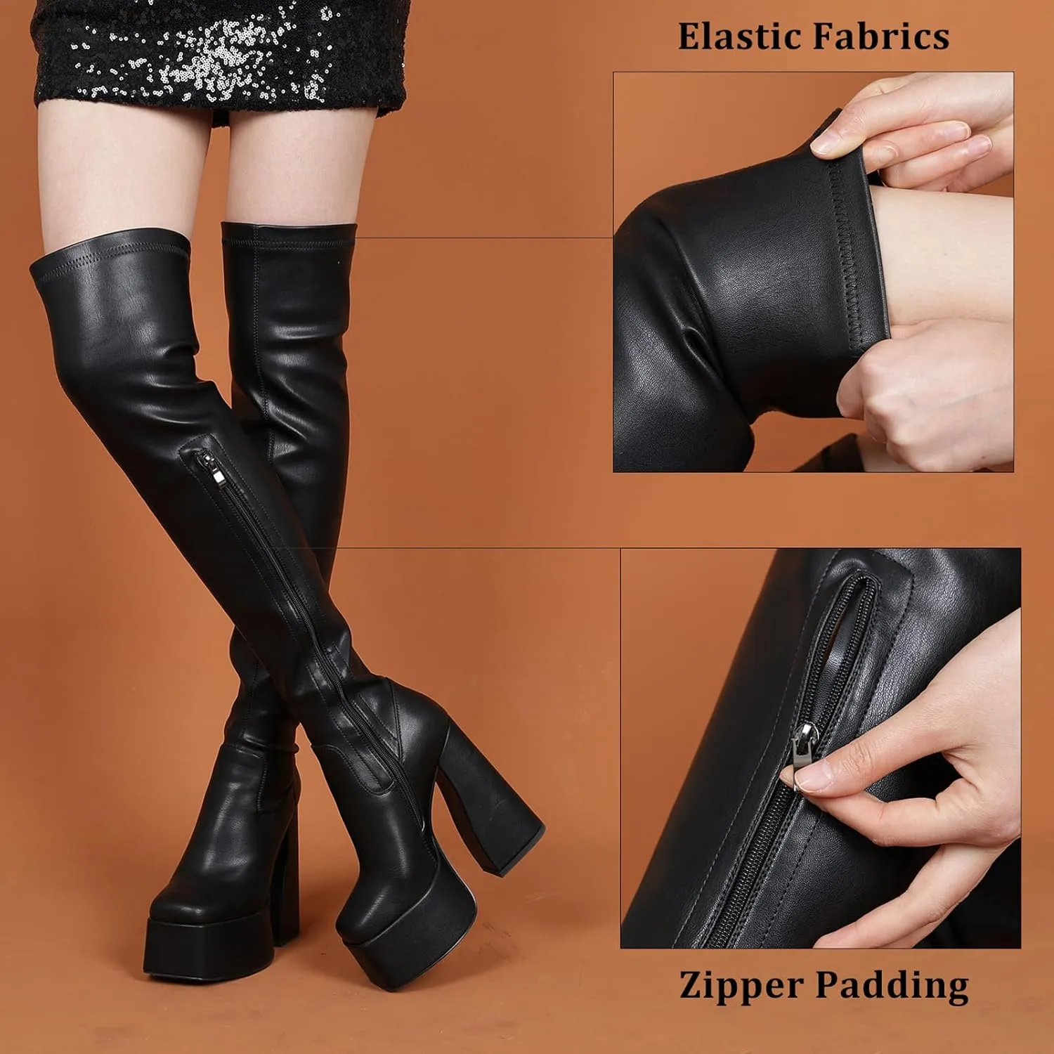 LanreyTaley Platform Thigh High Boots for Women Chunky Block Heels Over The Knee Boots Stretch Go-Go Boot Square Toe Party Boots with Zipper
